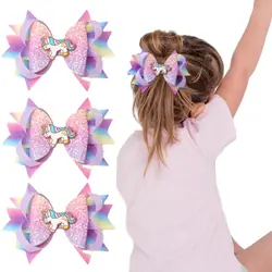 Ncmama-clipe de cabelo unicórnio para meninas, acessórios para o cabelo, com glitter, arco, fita gradiente, bonito, para crianças, 2pcs