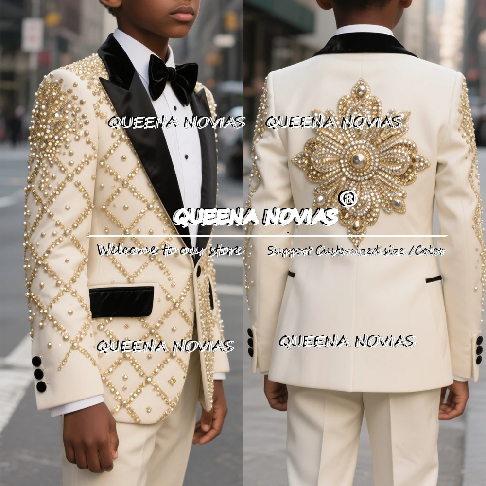 Abiti da ragazzo di lusso con pietre di perline per matrimonio Set da 2 pezzi Blazer per bambini con risvolto con visiera Smoking da festa formale per bambini personalizzati