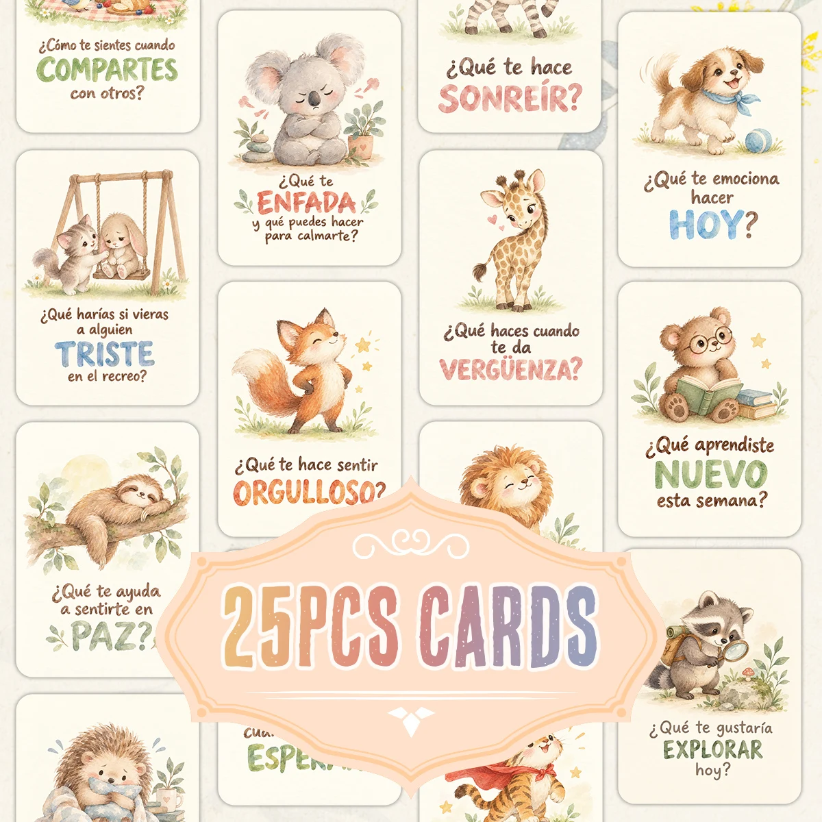 25pcs Spanish Interaction Prompt Cards,Woodland Animal Design Feelings Question Cards,Social Emotional Counseling Learning Tools