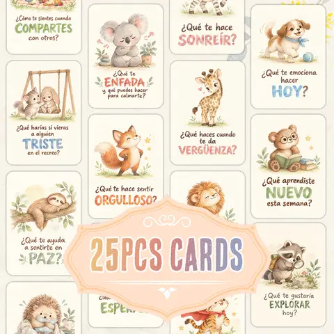 25pcs Spanish Interaction Prompt Cards,Woodland Animal Design Feelings Question Cards,Social Emotional Counseling Learning Tools