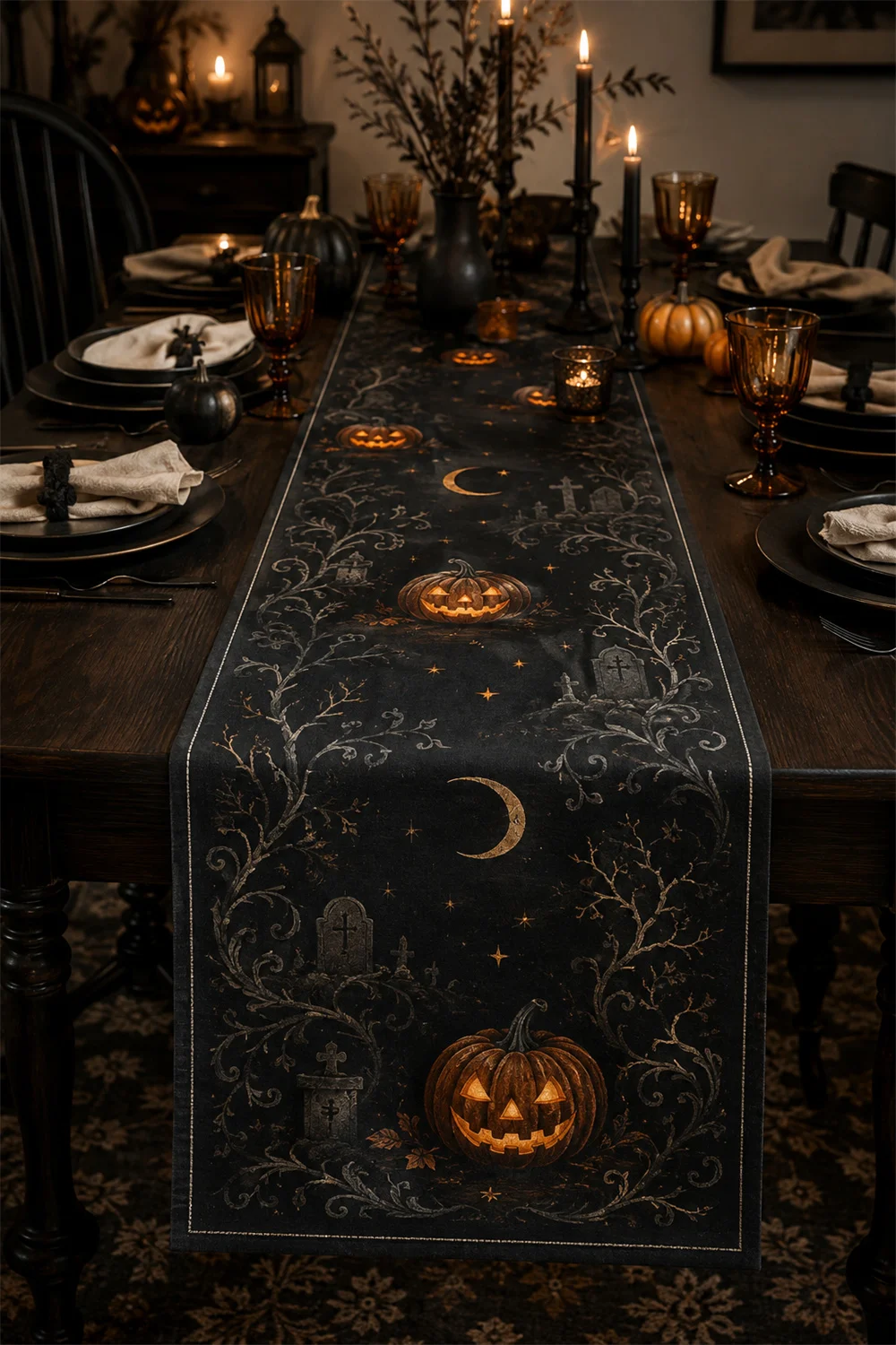 Midnight Pumpkin Cemetery Table Runner Gothic Tree Moon Star Dining Room Decor Home Decoration Party Gift Classic Design