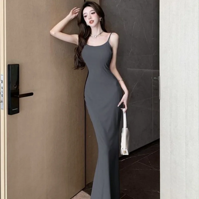 Damen Slip Langes Kleid Einfarbig Ärmellos Rückenfrei Schlankes Sexy Maxikleid Weibliches Bodycon Mode Urlaubskleid