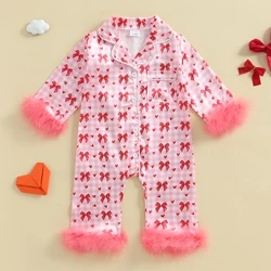 BeQeuewll Newborn Baby Pajamas Romper for Girls Satin Silk Bow Print Feather Cuffs Long Sleeve Lapel Button Down Kids Robes