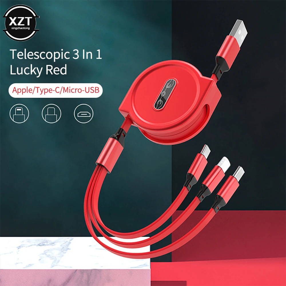 Macaron 3 In 1 Telescopic Data Cable One For Three For iPhone 14 13 Android Type-C Mobile Phone Liquid Charging Cable