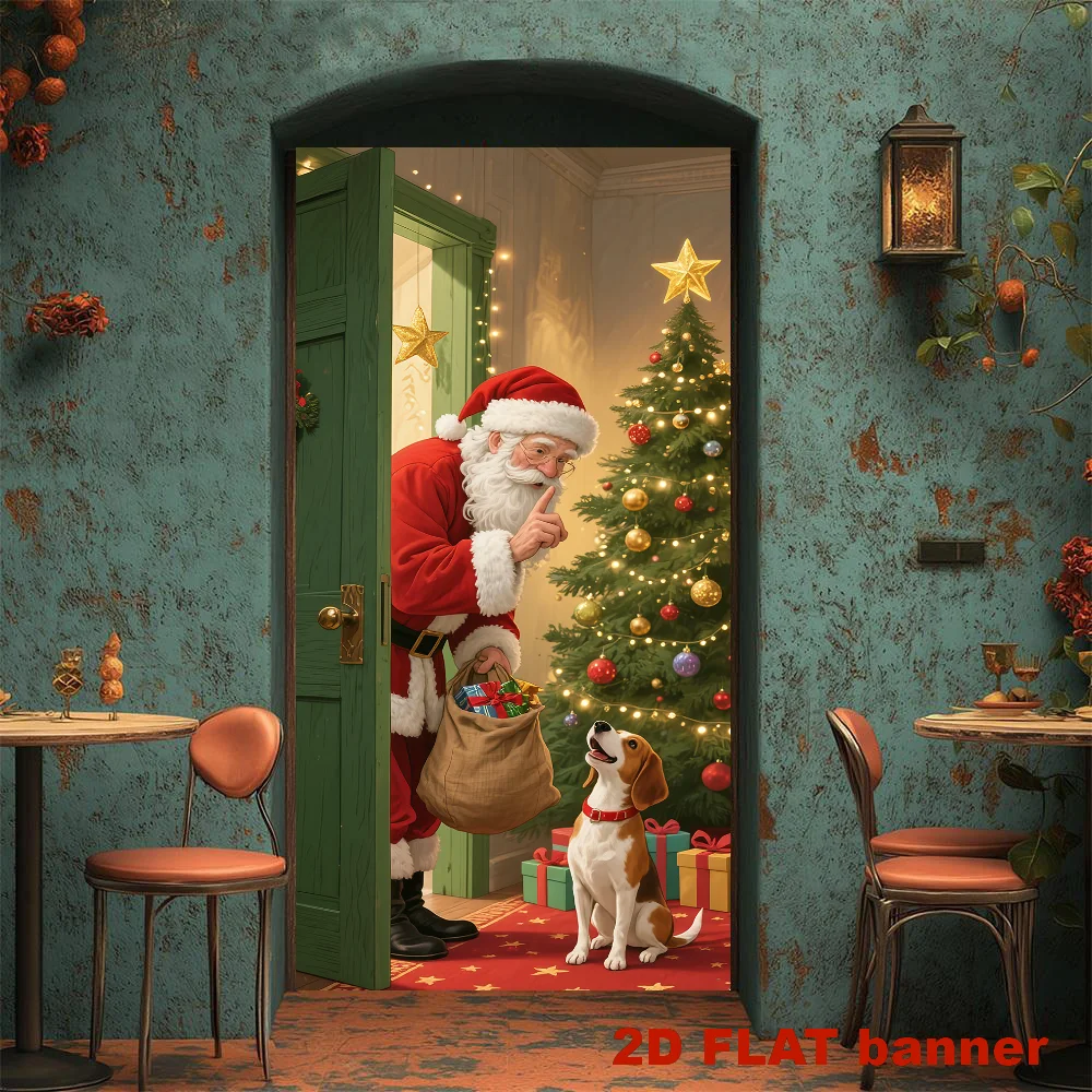 لافتة قماشية مسطحة ثنائية الأبعاد، لافتة قماشية للحفلات سانتا كلوز هادئة وسأل الجرو أن تكون هادئة ولا لحاء
