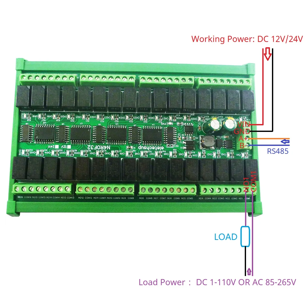 Mini DC 12V 24V 32CH Multifunction Modbus Rtu RS485 Relay Board 2A 0.2W Low Power Consumption Micro Voice Relay Module N4ROF32