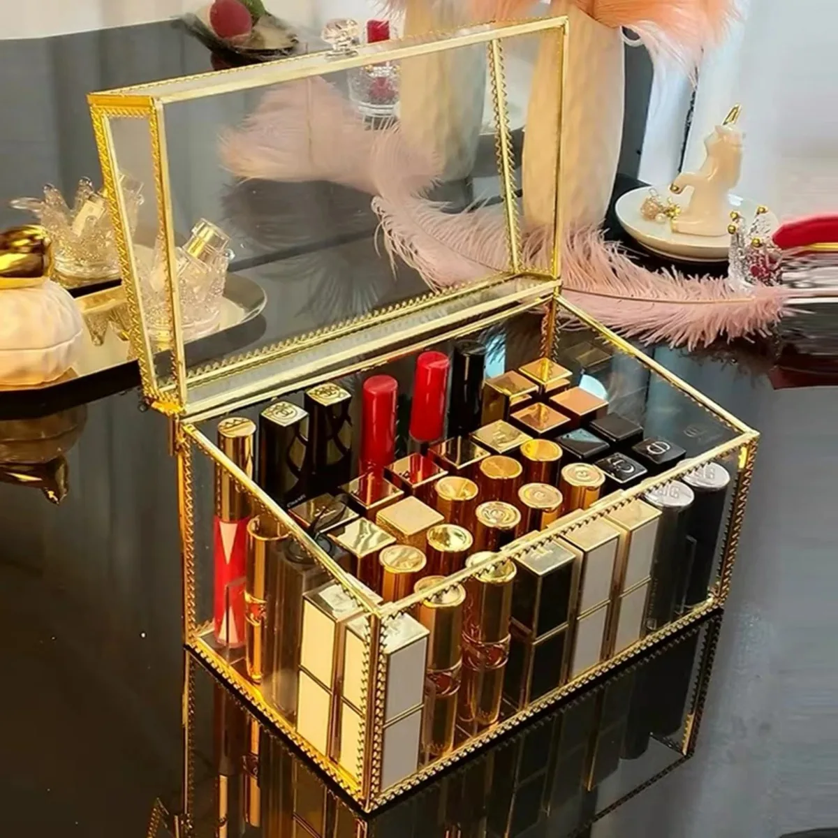 

Women Golden Makeup Organizer Storage Box Glass Cosmetic Container Case for Lipstick Skin Care Nail Polish Perfume Display Stand