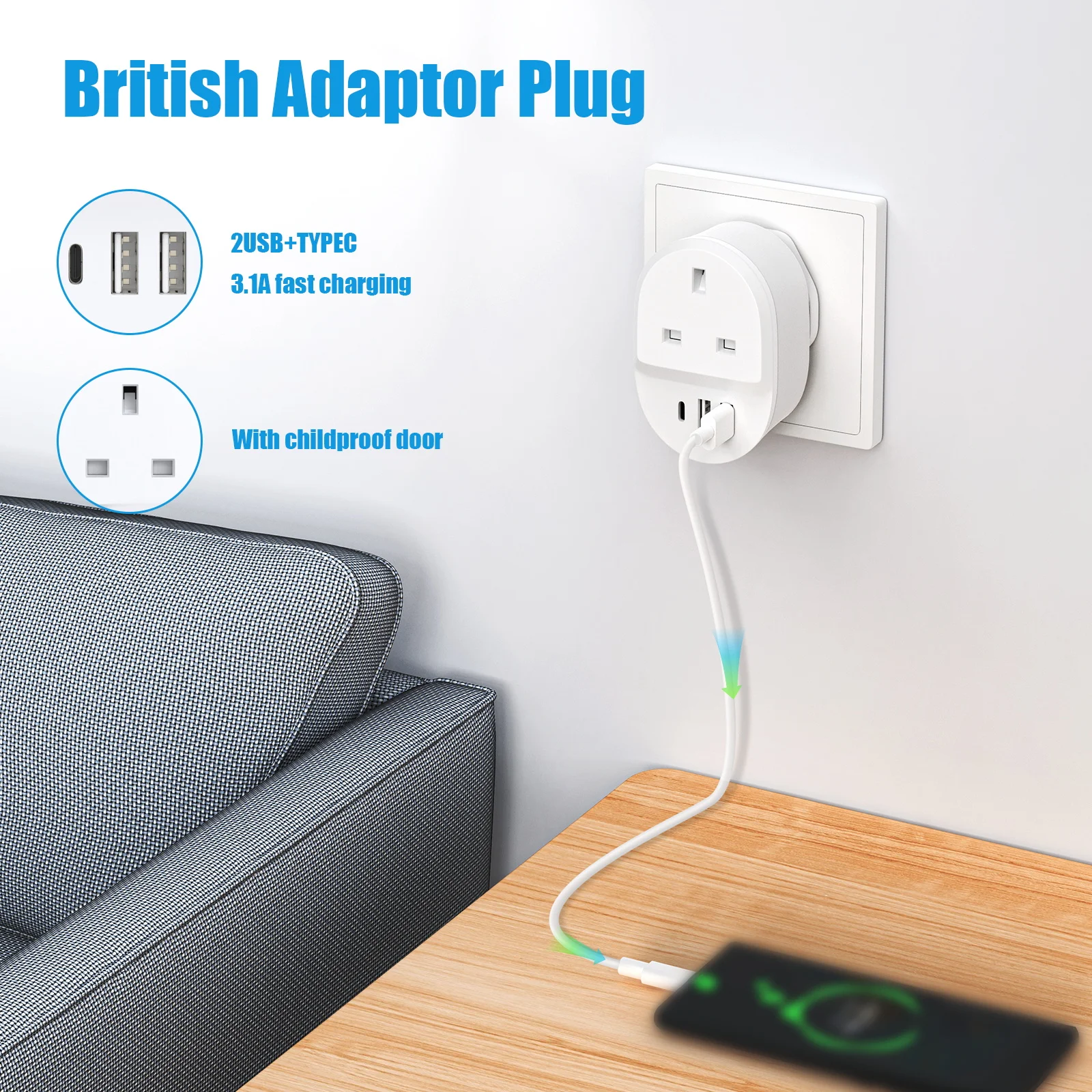 UK plug wall power board with 2 USB and 1Type-C fast charging interface power adapter white suitable for home, office and travel