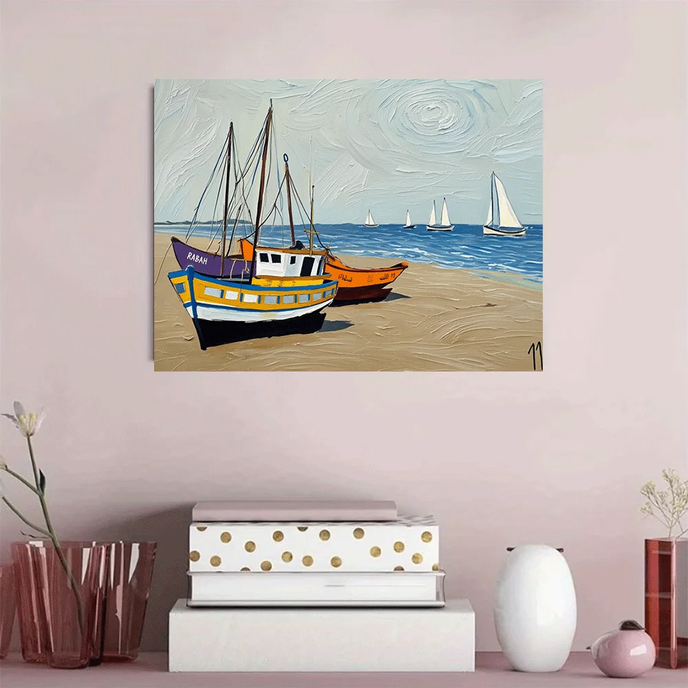 1PC-Unframed Canvas poster wall decoration  Colorful Fishing Boats On Beach With Sailboats In Ocean View