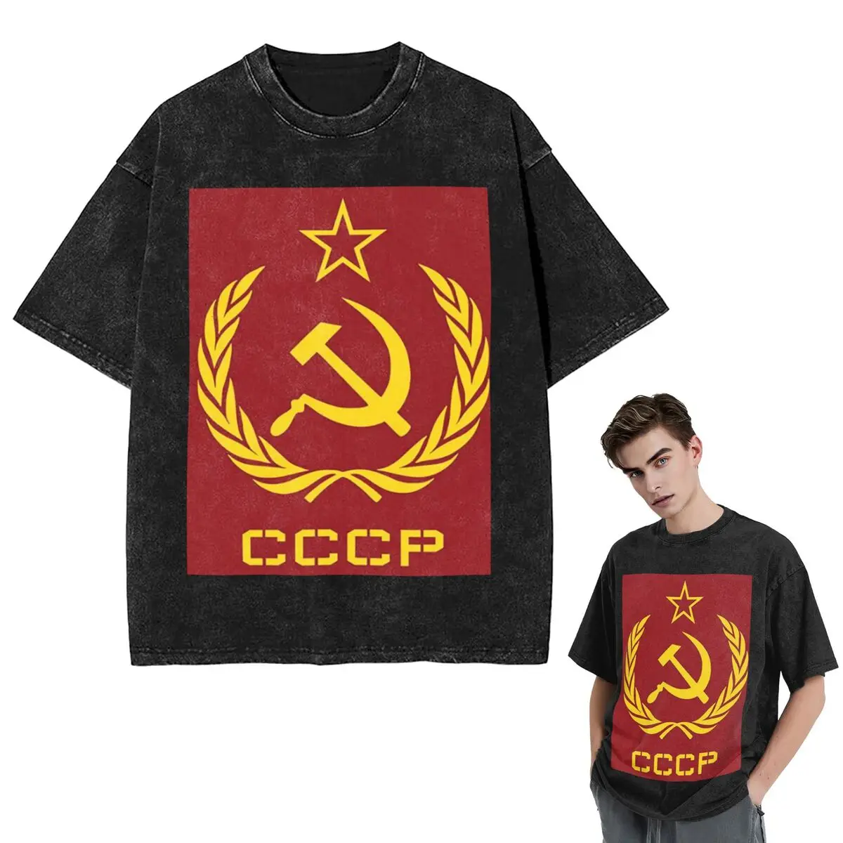 Streetwear T-Shirts Russian USSR Soviet Union Hammer And Sickle CCCP Communist Washed T Shirt Short Sleeve  T-Shirt Tops Tees