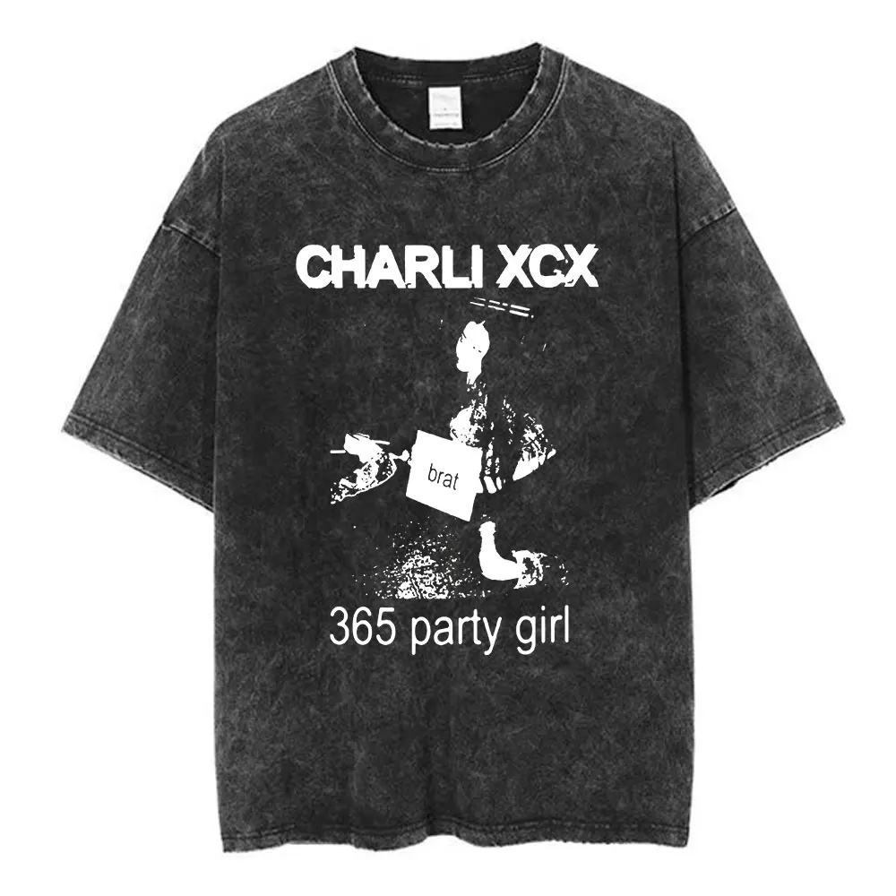 

Charli Xcx 365 Party Girl Brat Album Vintage Washed T Shirt Men Women Fashion Harajuku T-shirt Casual 100% Cotton Loose T-shirts