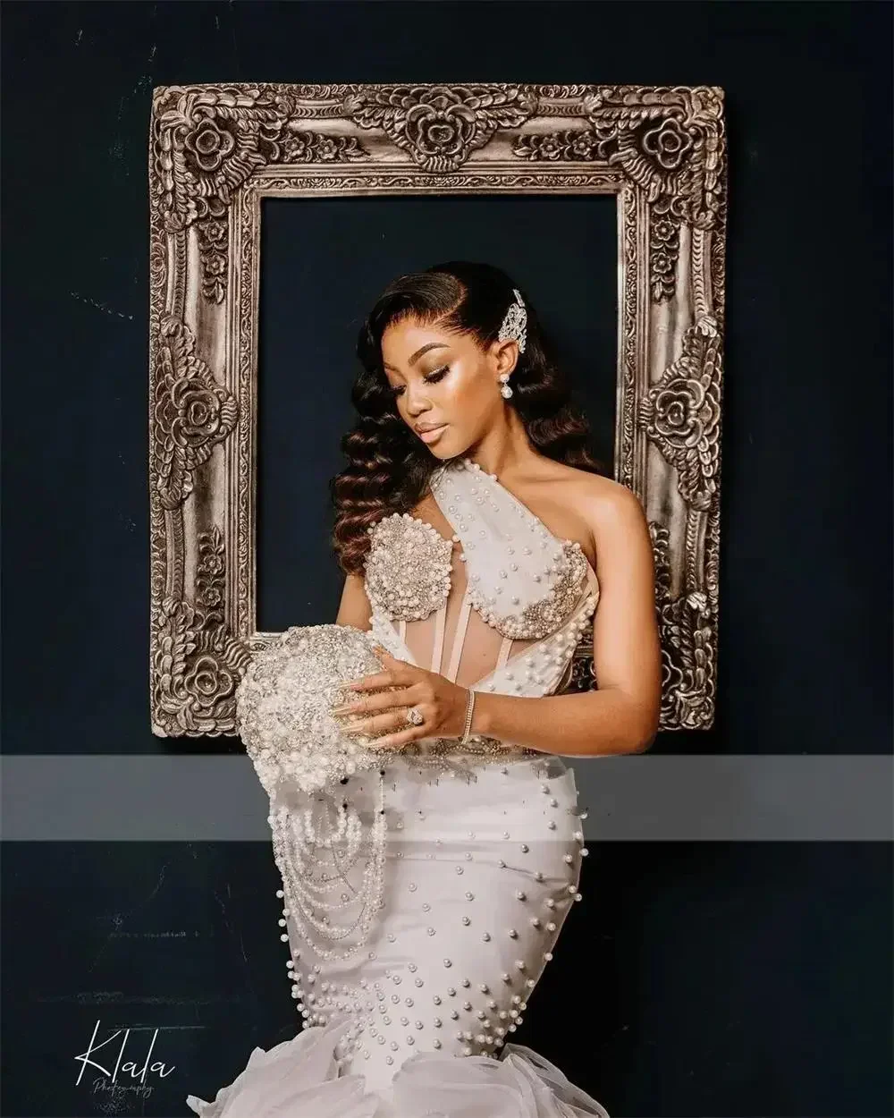 Customized One Shoulder Shinny Pearls See Through   Mermaid Wedding Dresses African Bridal Gowns With Cascading Ruffles