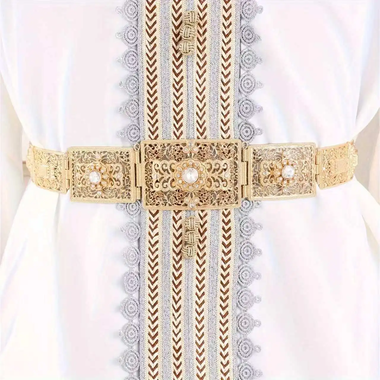 Ethnic Filigree Rhinestone Waist Belt Tassel Drawstring Adjustable Moroccan Caftan Dress Waistband