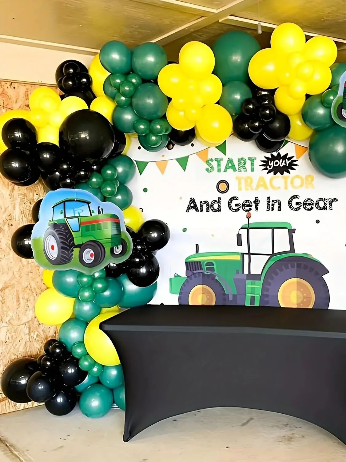 Kit d'arc de guirlande de ballons en aluminium pour tracteur, 145 pièces, vert, noir, jaune, adapté à la thème de la ferme, décoration de fête d'anniversaire pour garçon