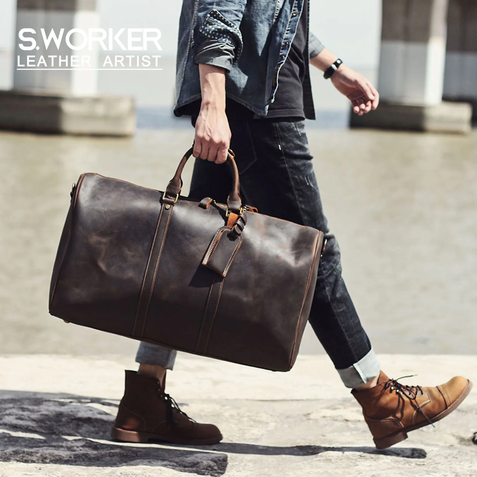 S.WORKER Vintage Vollnarbenleder-Reisetasche Große Kapazität Weekender-Reisetasche für Männer Sporttasche – Detail 2