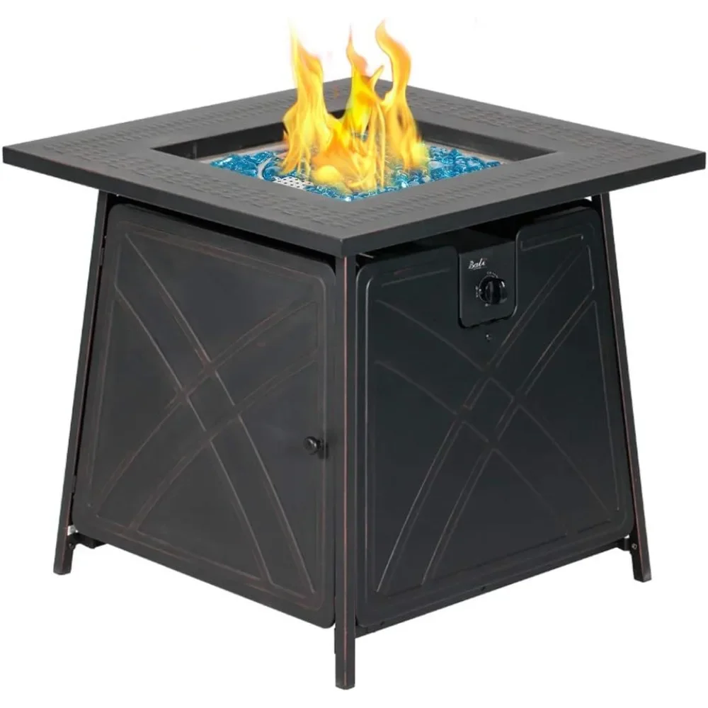 Gas FirePit Table, 28 inch 50,000 BTU Square Outdoor Propane Fire Pit Table with Lid and Blue Fire Glass