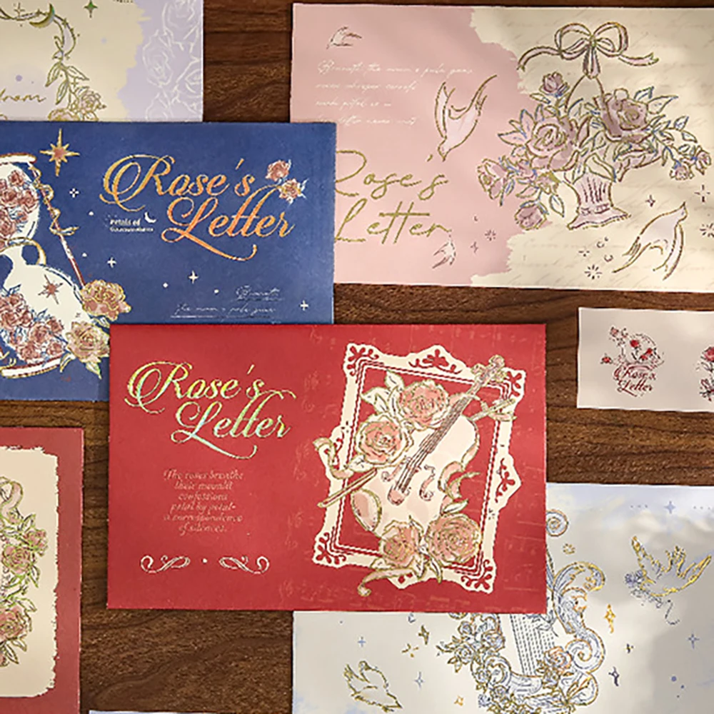

4 sheets Random rose themed envelope with sealing sticker for student messages, gifts, Valentine's Day
