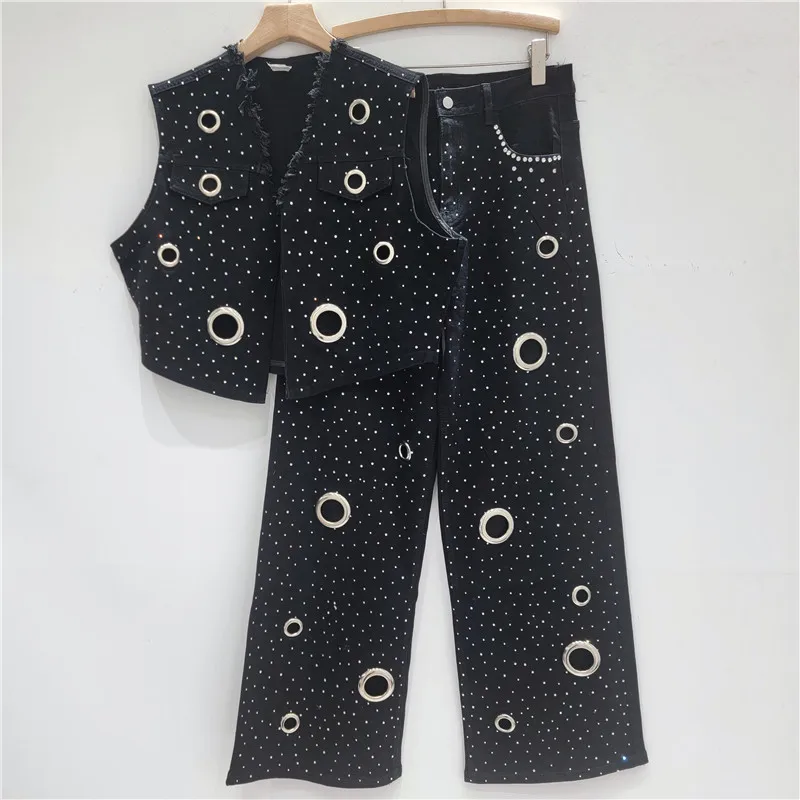 

Denim Pant Set Women Two Piece Sets V Neck Sleeveless Vest Tops Wide Leg Long Pants High Waist Y2k Streetwear Elegant Summer
