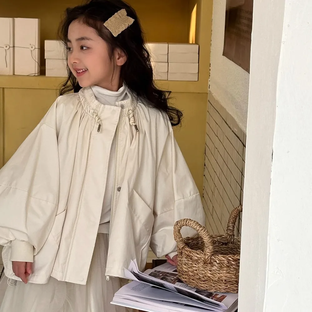 

Girls Outerwear Spring Autumn Bubble Sleeve Western Style Stand Up Collar Windbreaker Daily Casual Versatile Temperament