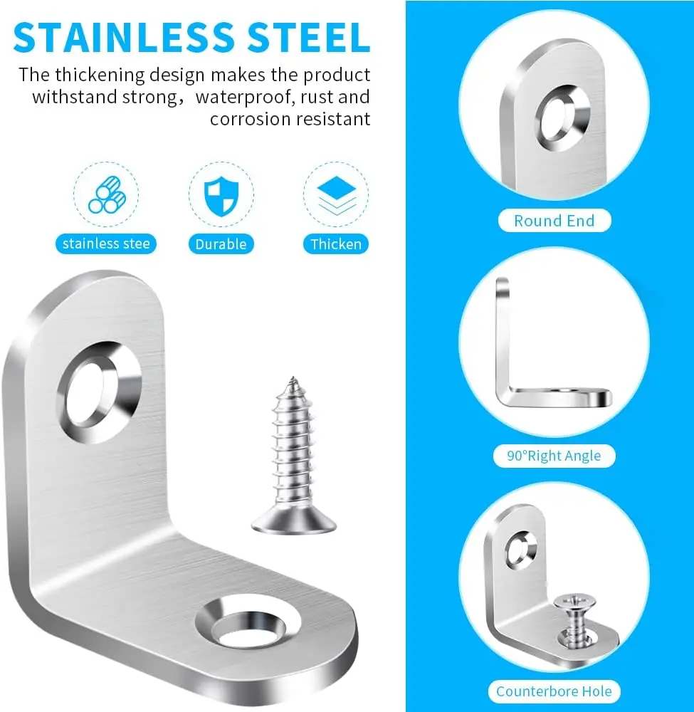 เหล็กฉากสแตนเลส 90 องศา สำหรับงานไม้ เฟอร์นิเจอร์ และงานต่อไม้ พร้อมสกรู