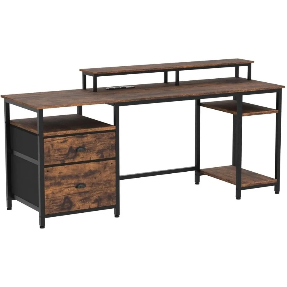 61" Computer Desk with Power Outlet and USB Ports, Large Desk with Shelves and Drawer, Writing Study Desk