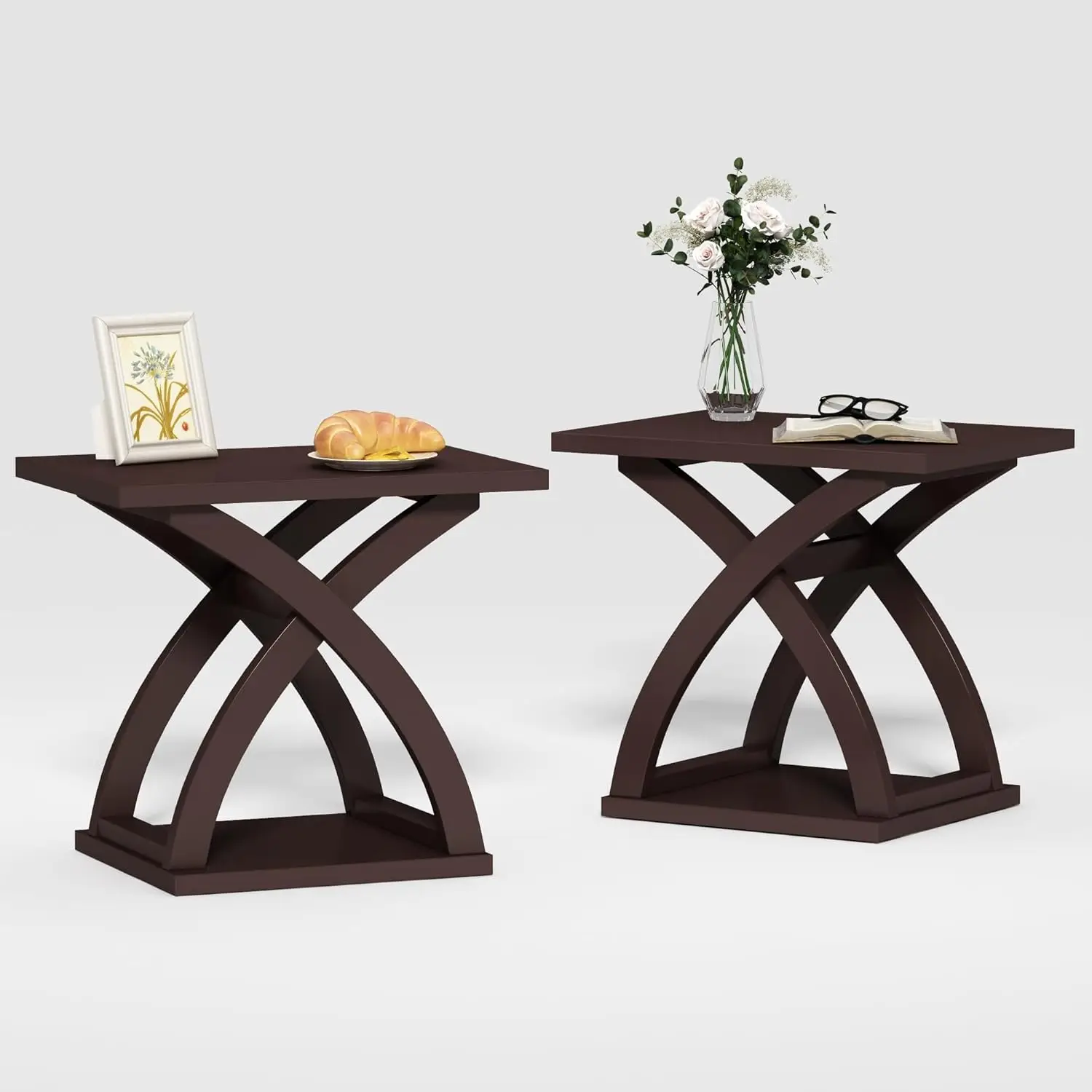 End Side Table Set Of 2, Modern End Table With Storage Shelf, X-Design Side Table Living Room (Espresso)