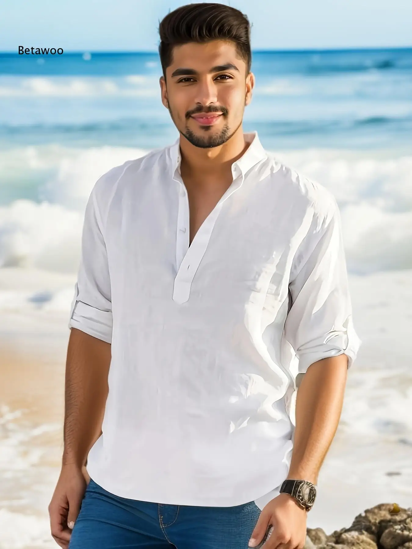 Stylish Men Simple Half Placket Stand Collar Long Sleeve Solid Shirt Loose Fit Top For Beach Trip And Daily Casual Scenarios