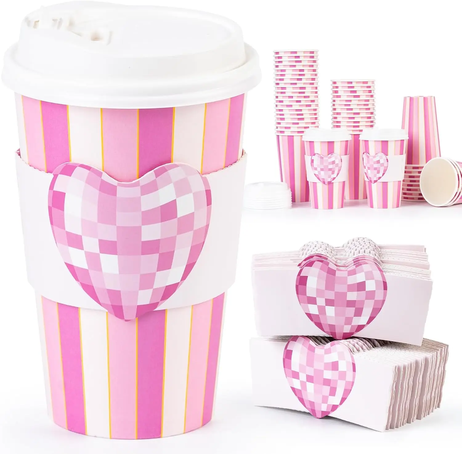 

50 Pack Sparkling Pink Disco Heart 16oz Disposable Coffee Cups with Lids & Sleeves -Premium Paper Cups for Mother's Day