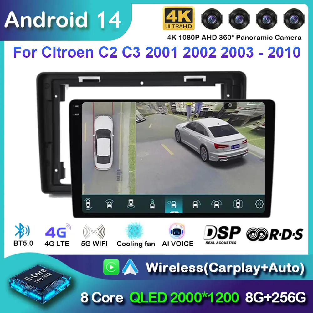 Android 14 For Citroen C2 C3 2001 2002 2003 - 2010 Car Radio Multimedia Player Navigation Carplay QLED Touch Screen Auto Stereo