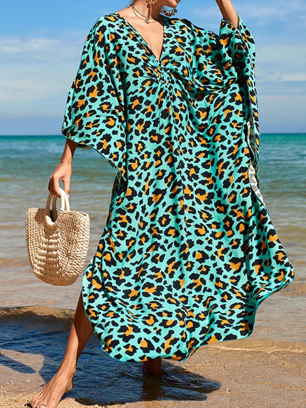 2024 Leopard Print Knitted Beach Cover Up Dress Tunic Long Pareos Bikinis Cover Ups Swim Cover Up Robe Plage Beachwear