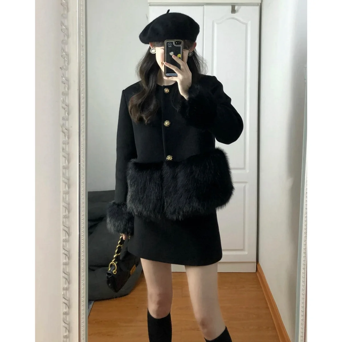 Autumn Winter New Elegant Black Heavy Industry Faux Fur Patchwork Wool Short Coat Two-Piece Overskirt Suit Women\'s Clothing