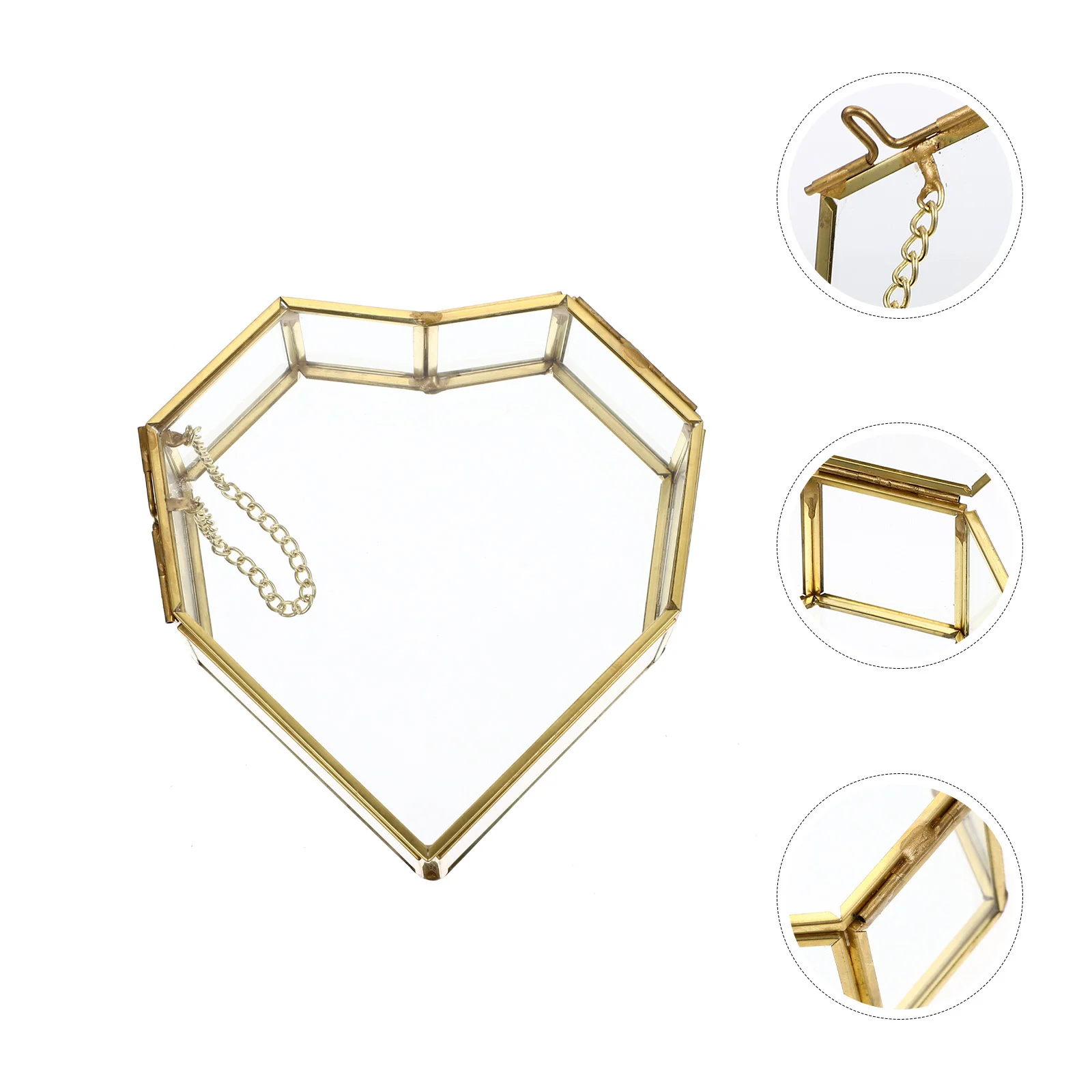 

Glass Heart Jewelry Box Golden Brass Small Display Case Organizer Wedding Keepsake Jewelry Tray Valentine Gift