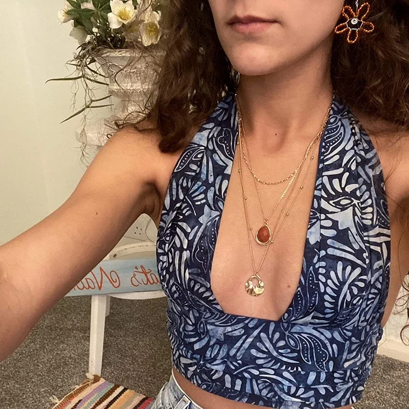 Women Cross Sling Crop Top Sexy Sleeveless Y2K Camisole Backless Halter Top 90s Vintage Printe Vest Corset Summer Beach Clothes