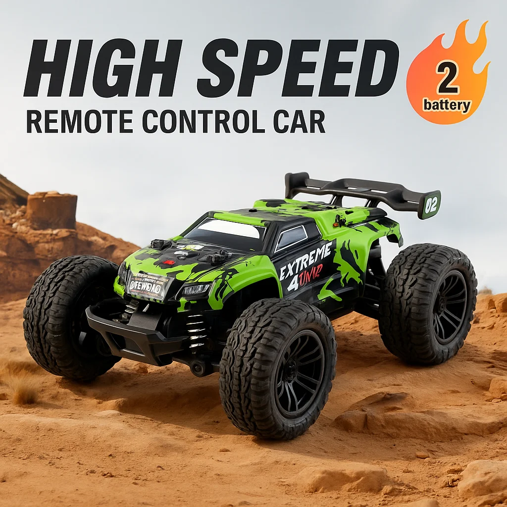 

Hot RC High-Speed Off-Road Car for Kids & Adults - Alloy Green/Red, LED Headlights, Red Remote Control. Perfect for Indoor & Out