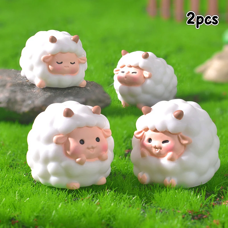 2Pcs Creative Cute Sheep Small Ornament Crafts Cartoon Mini Miniature Figurines Fashion DIY Home Decoration Accessories Gifts