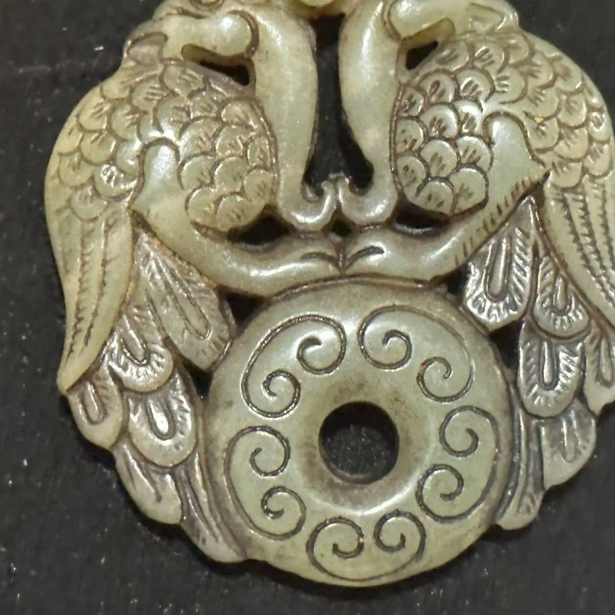 Antique Patina Xiuyan Jade Double Phoenix Pendant Hand Play Jade Carving Ornament Old Jade Amulet Collectible Chinese Jade Craft