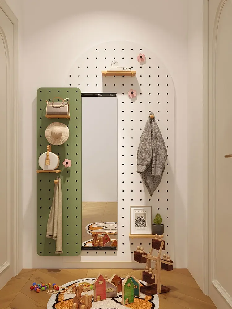 Full-length mirror, bedroom, home fitting  girls' wall-mounted coat rack, hole board, sliding