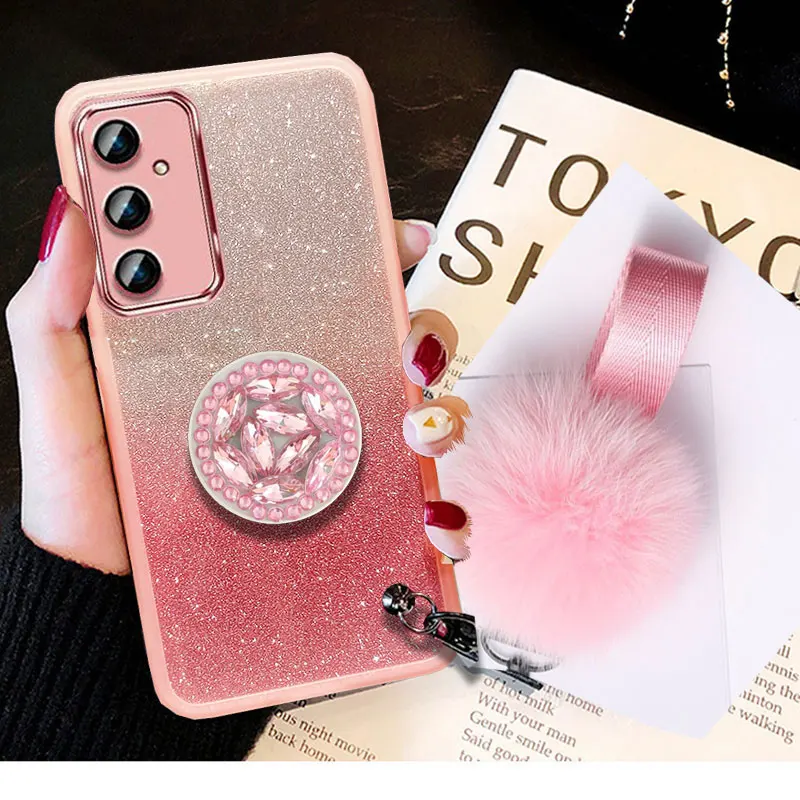 M 35 5G Glitter Fur Ball Case,For Samsung galaxy M35 M15 M55 A55 A15 A25 A35 16 Case Luxury Holder Cover Lanyard Shockproof Case