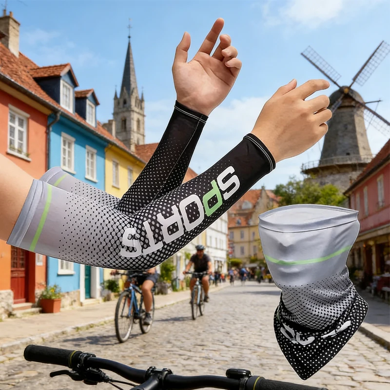 

UV Resistant Ice Silk Cooling Set - 1 Pair Arm Sleeves 1 Face Mask Scarf, Sun Protection For Running, Cycling, Outdoor Sports