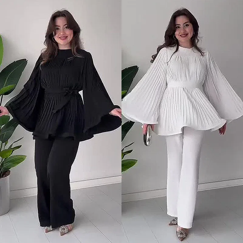 Women\'s Casual Style Suit 2024 Spring/summer Latest Round Neck Bat Sleeve Pleated Long Sleeved Top with Elegant Temperament Set