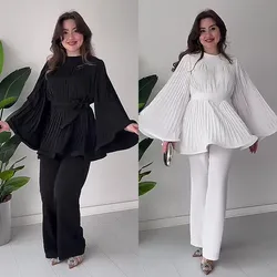 Women's Casual Style Suit 2024 Spring/summer Latest Round Neck Bat Sleeve Pleated Long Sleeved Top with Elegant Temperament Set