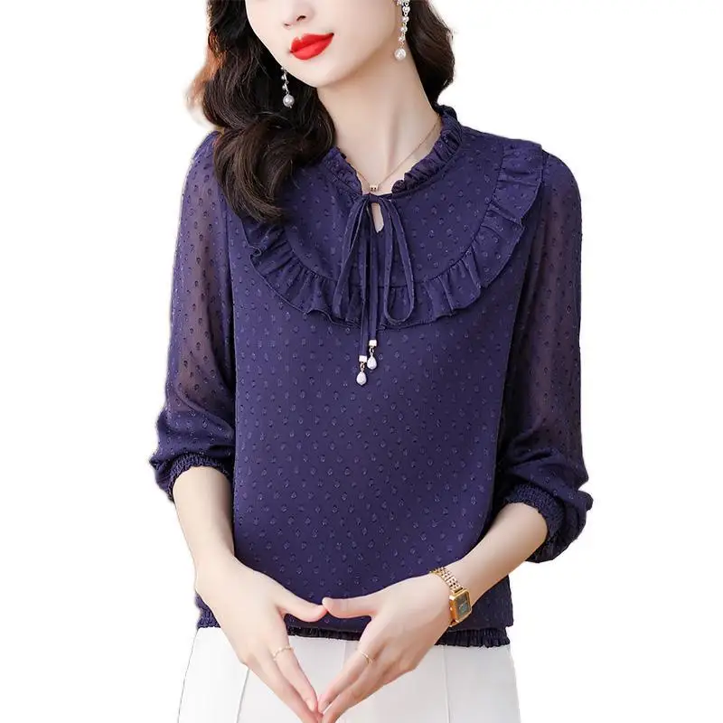 Pullovers 3/4 Sleeve Solid Color O-neck Lacing Ruffles Simplicity Elegant T-Shirts Spring Summer Thin Women\'s Clothing Vintage