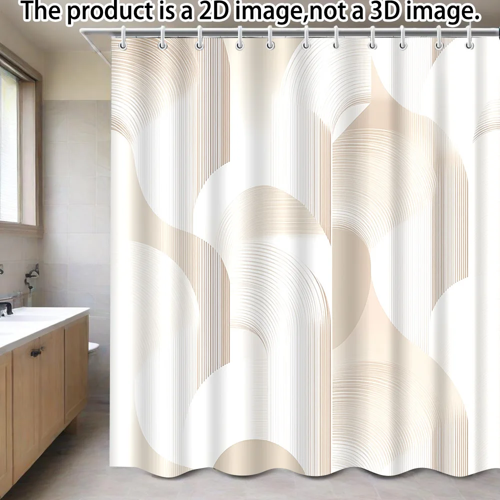 Cortina de chuveiro com design minimalista abstrato, com arcos bege suaves e fluidos, inclui 12 ganchos, 180 x 180 cm, adiciona um toque de elegância.