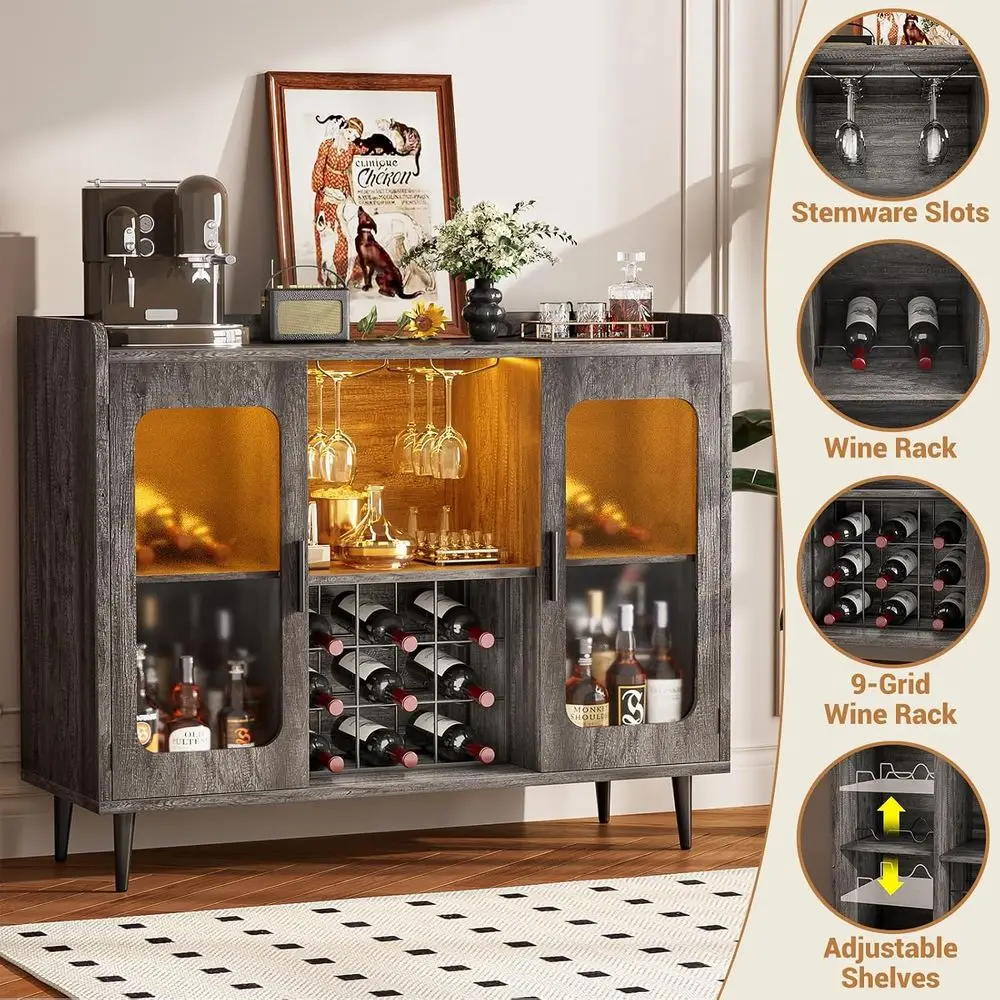 Wine Bar Cabinet with Power Outlet, Liquor Cabinet Bar with LED Light and Glass Holder, Home Coee Bar Cabinet, Buet Sideboard wi - view 3
