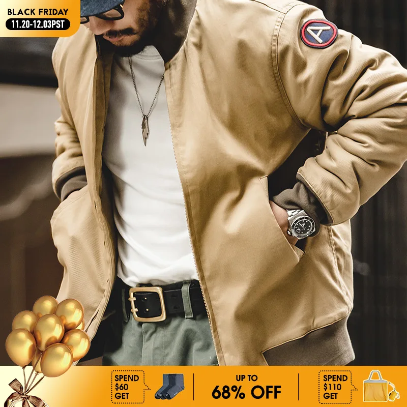 

Maden Men’s Brown Flight Bomber Jackets Vintage Pilot Aviator Monocycle Jacket Slim Fit With Patches Stand Collar