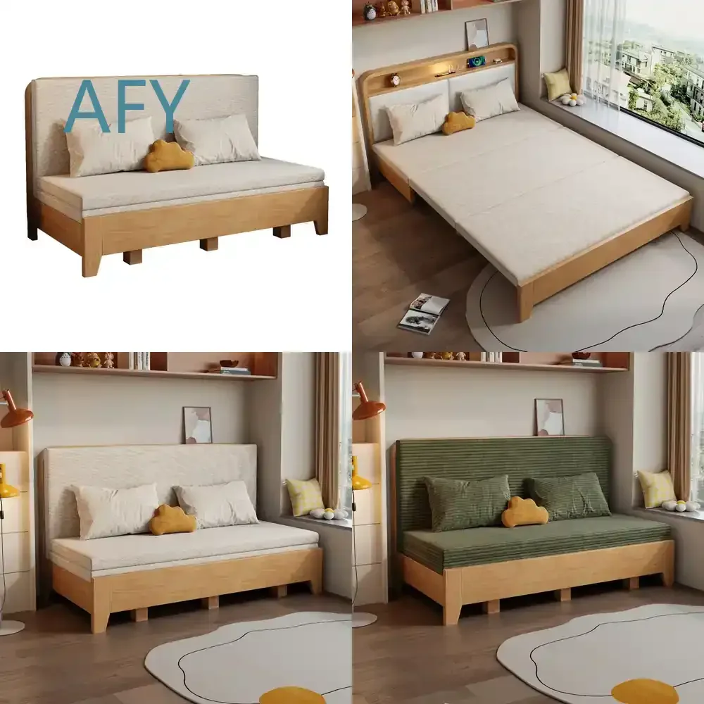 Foldable Solid Wood Sofa Bed for Small Apartment Studio Study Home Office Space Saving Dual Purpose Pull Out Expandable Bed