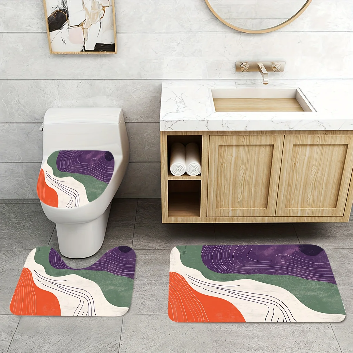 

3pcs Minimalist Printed Bathroom Rug Set with Toilet Lid Cover and U-Shaped Mat, Flannel Material Soft Surface Non Slip Floor