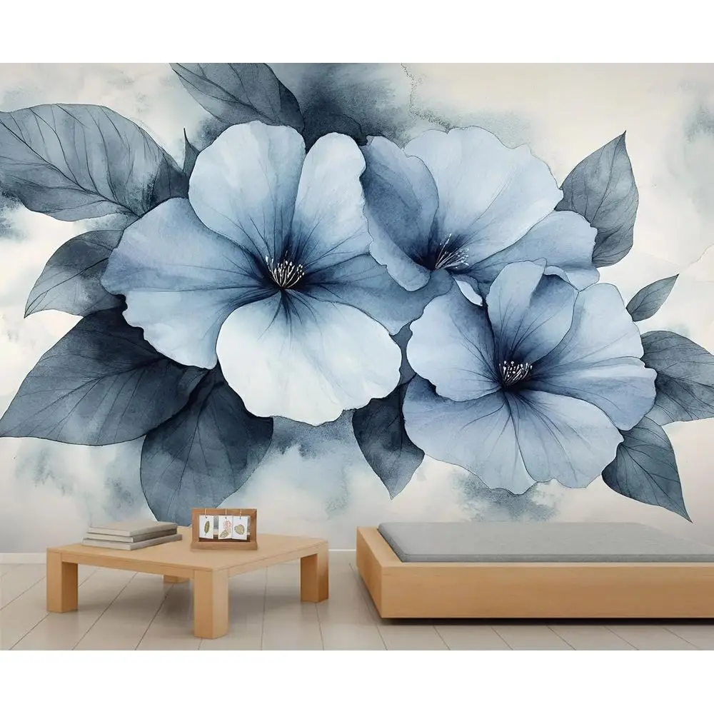 

Watercolor Floral Wall Mural, Blue 3D Wallpaper for Kids Room, Living Room, and Bedroom TV Background Decor - 169.3 W x 118.2 H