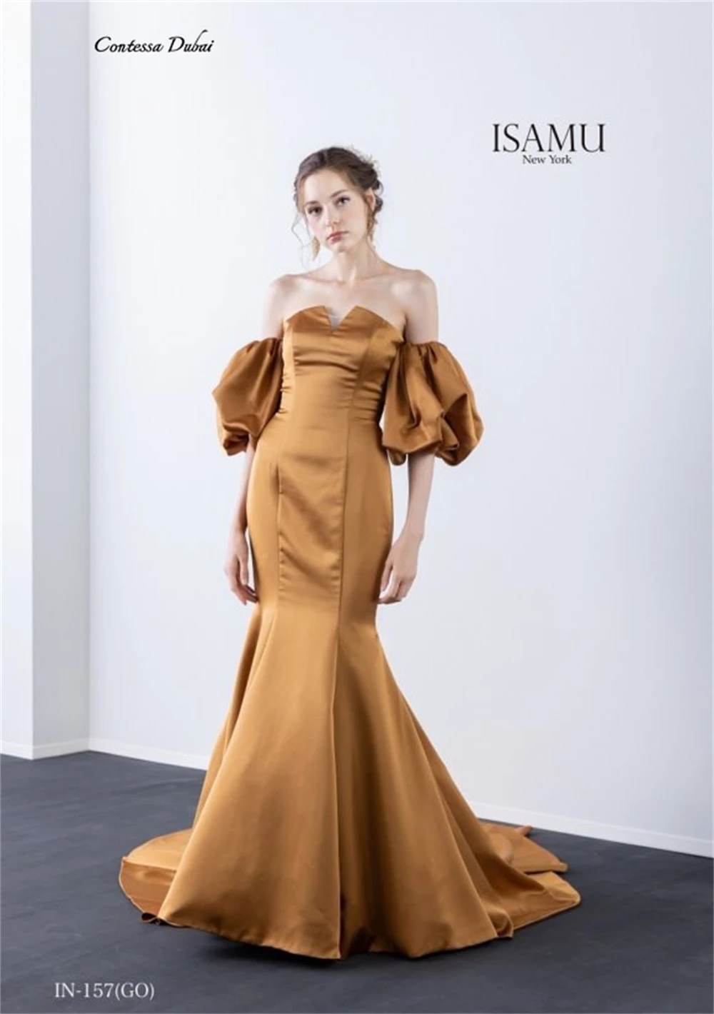 

Contessa Custom prom dress formal gown elegant satin off shoulder puff sleeve mermaid laceup corset floor length wedding guest