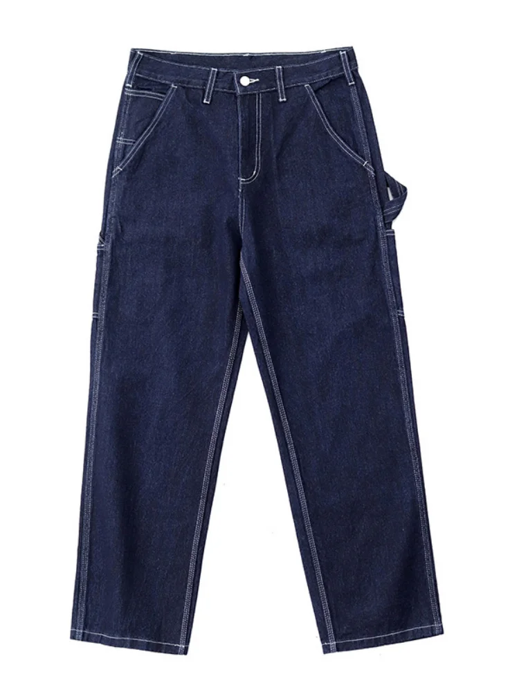 3903# Spring New American Retro Denim Carpenter Cargo Jeans Men\'s 100% Cotton Washed Loose Casual Multi-pocket Straight Pants
